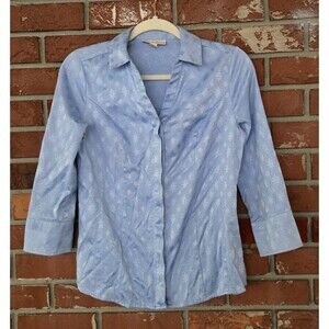 Dana Buchman Collared Button Down Blue with Pattern 3/4 Sleeve Shirt Small